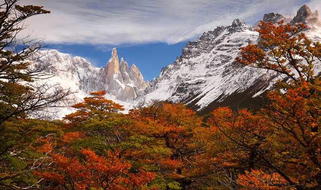 The southern migration of autumn color ends here, among the majestic towers of Patagonia.